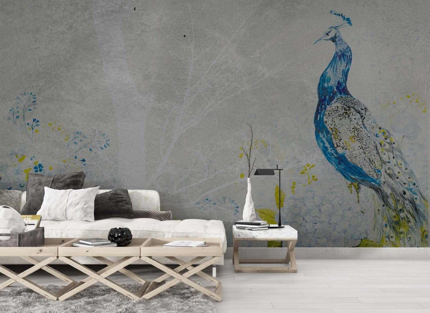 A Grey Wall With A Peacock On It