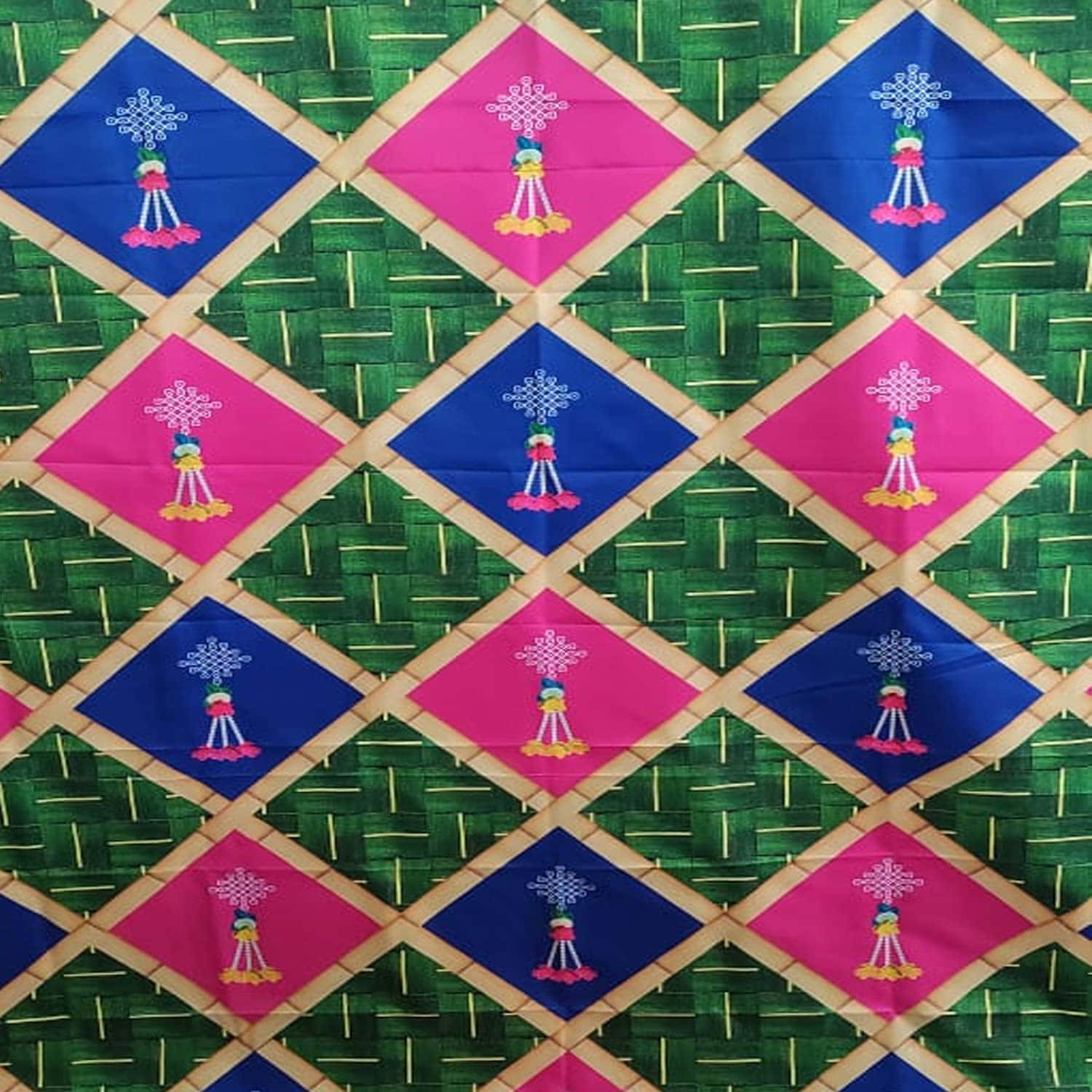 A Colorful Fabric With A Pattern Of A Basket And A Flower