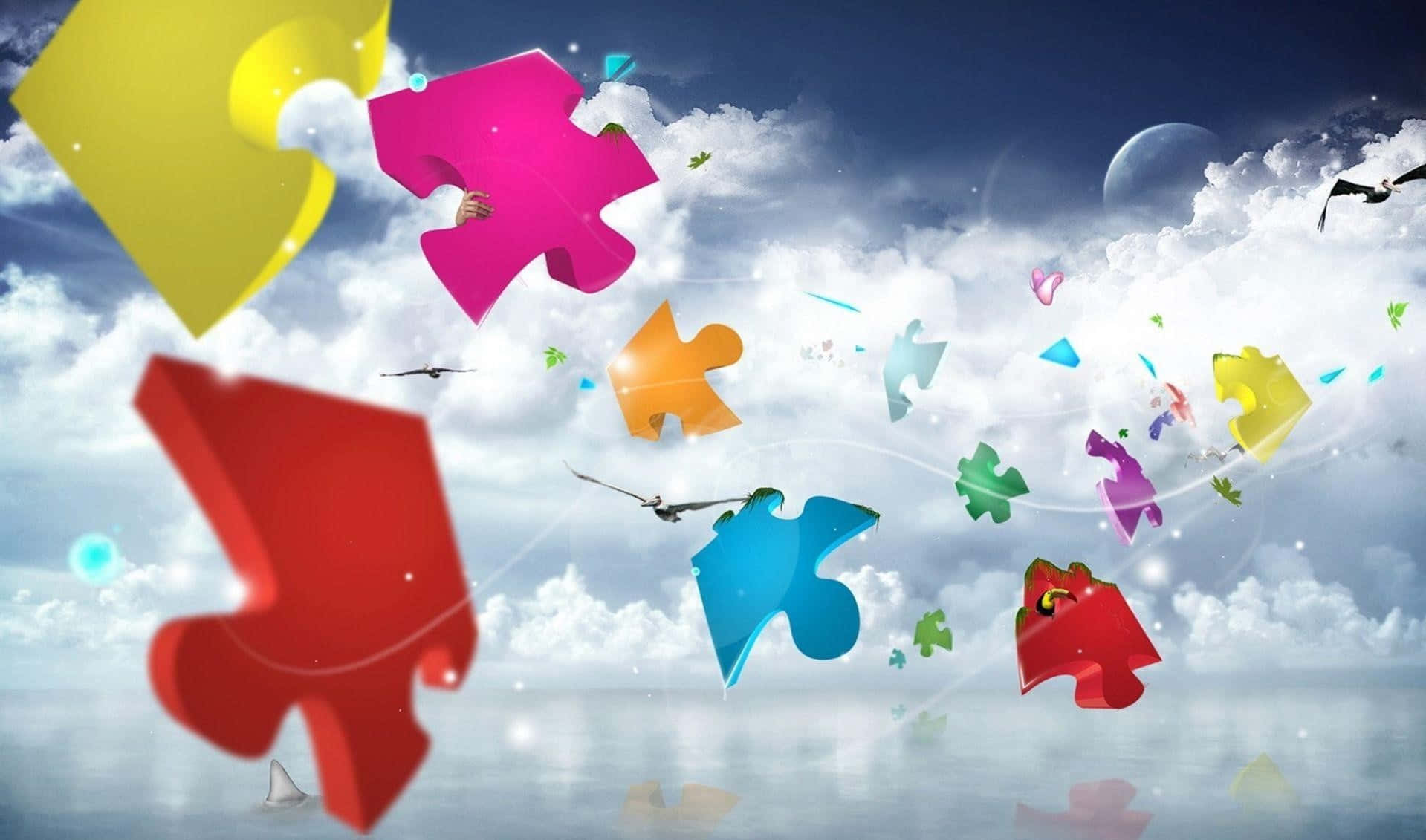 Colorful Puzzle Pieces Flying In The Air Wallpaper