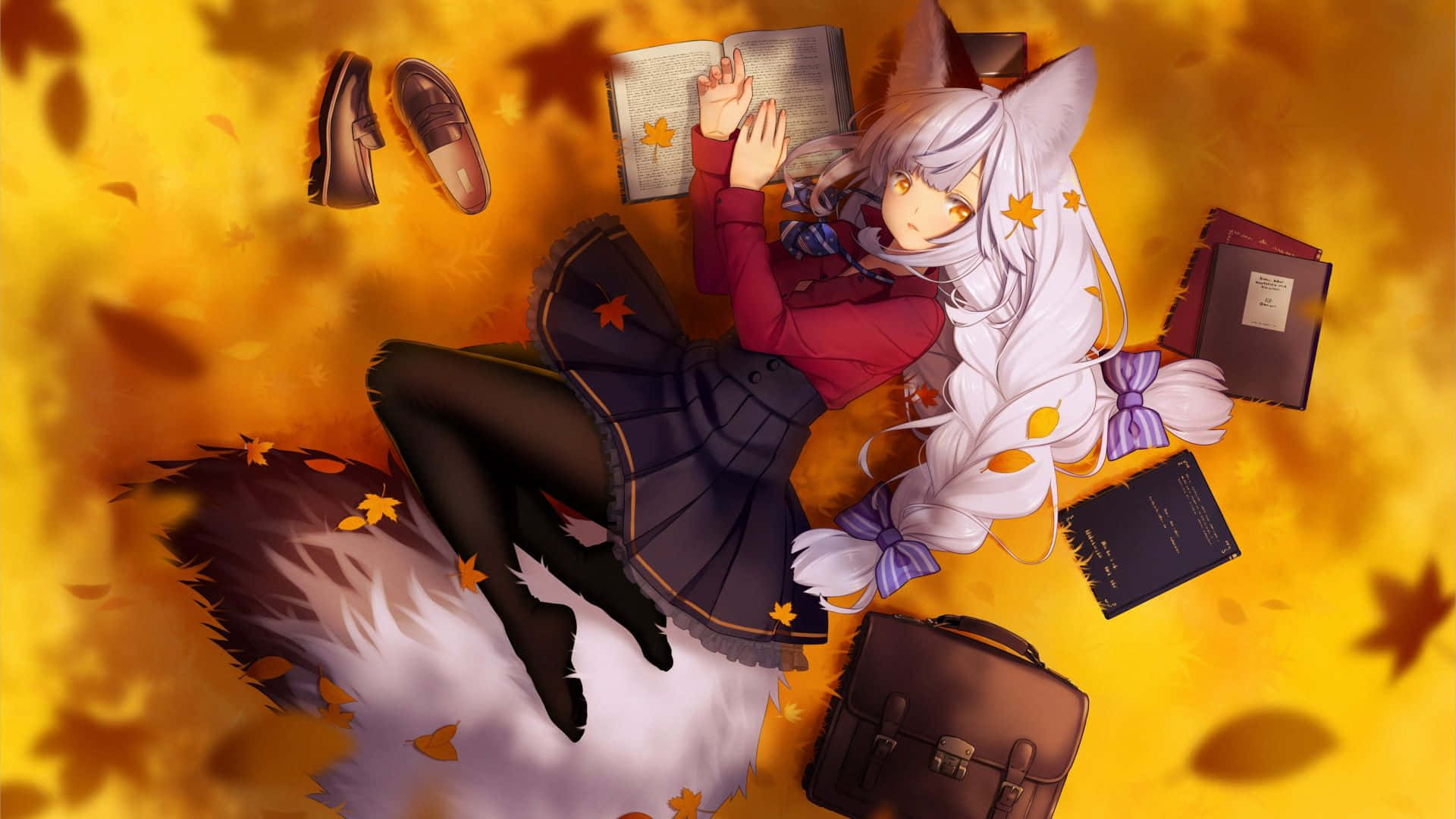 Autumn Anime Girl Relaxingwith Books Wallpaper