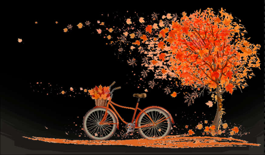 Autumn Bicycleand Falling Leaves PNG