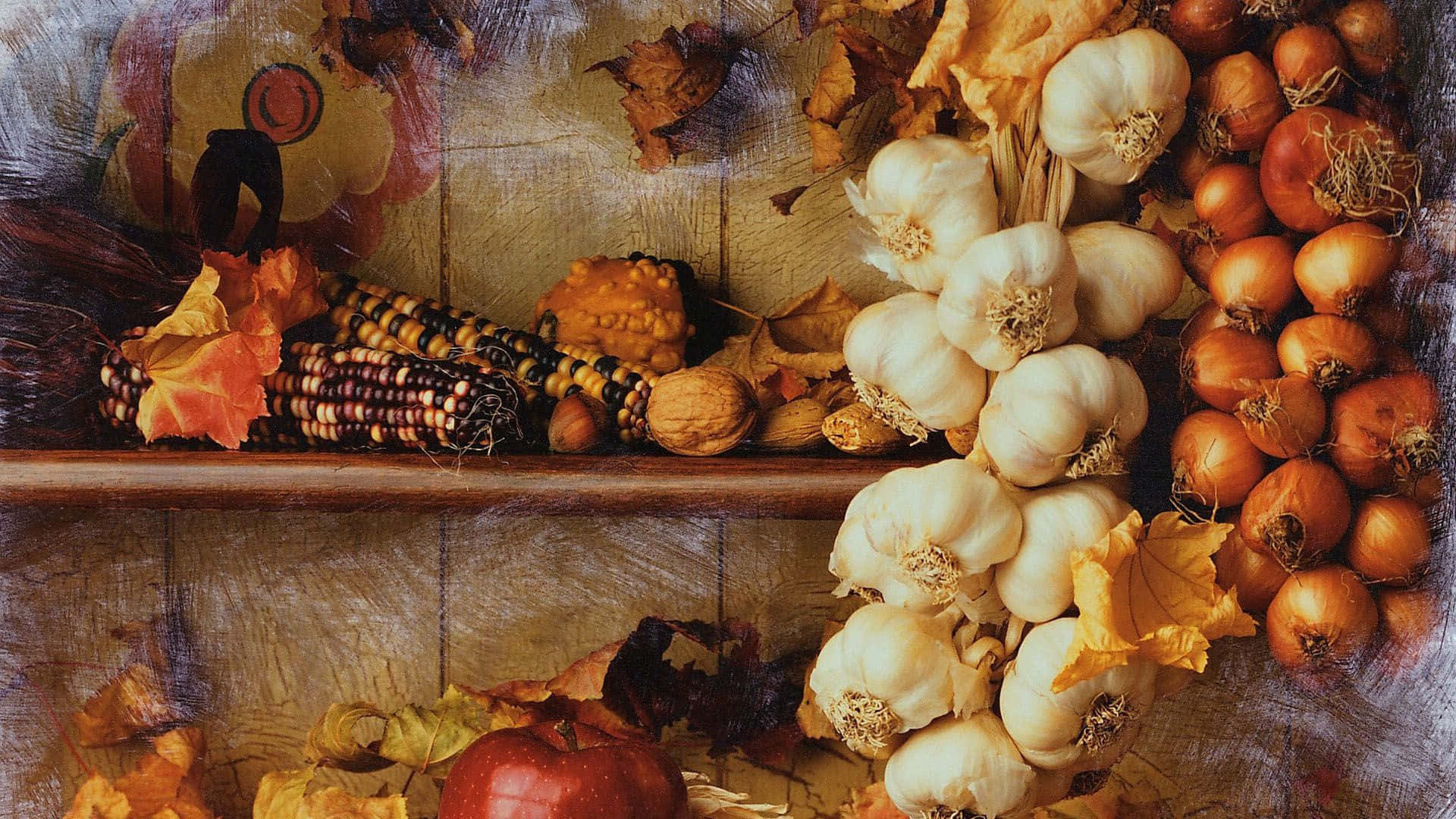 Colorful autumn harvest on a rustic wooden table Wallpaper