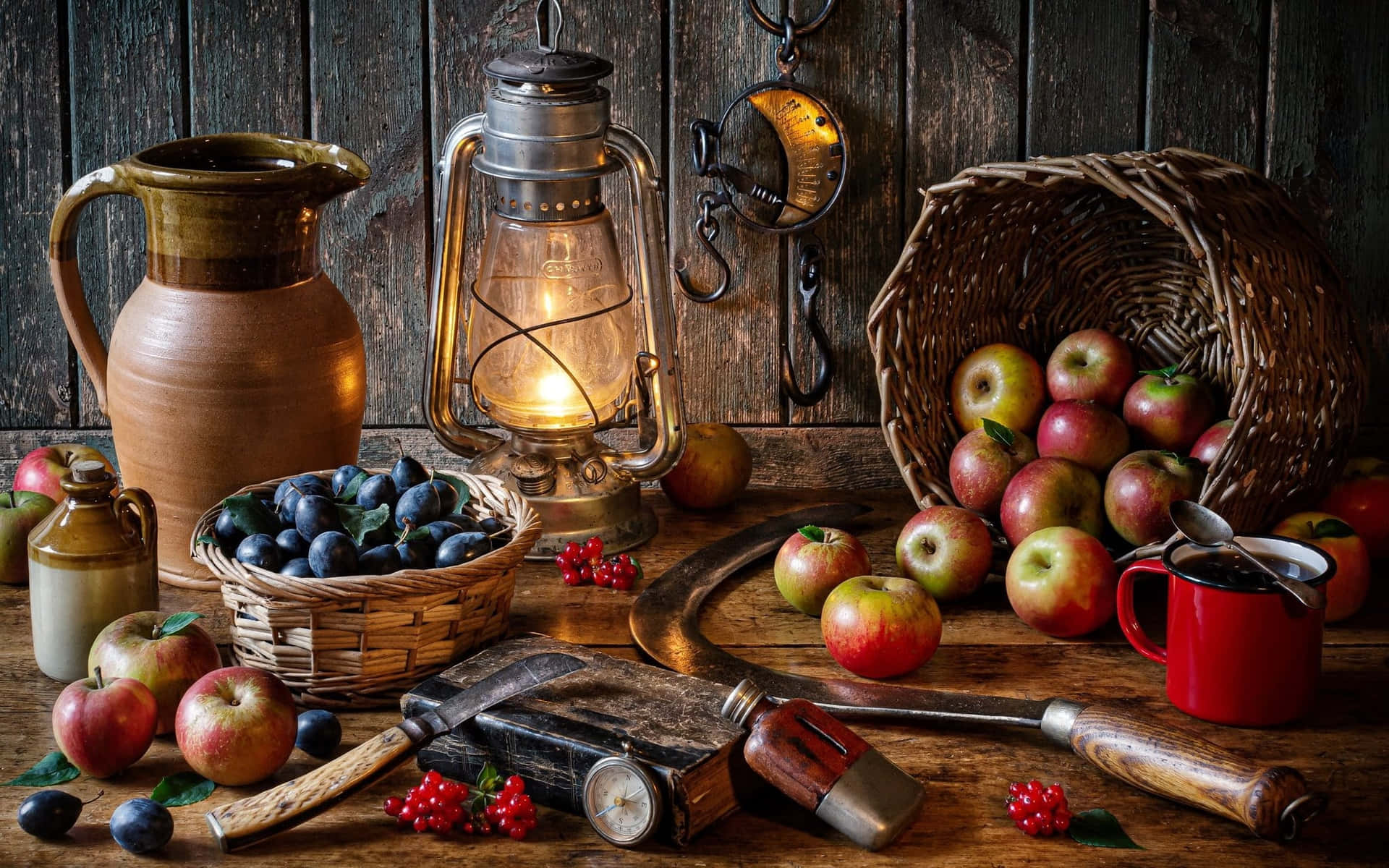 Caption: A Collection of Harvest Foods on a Table during Autumn Wallpaper
