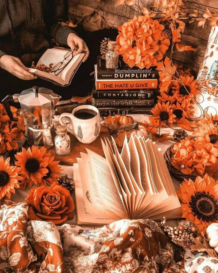 Autumn Bunga With Books Wallpaper