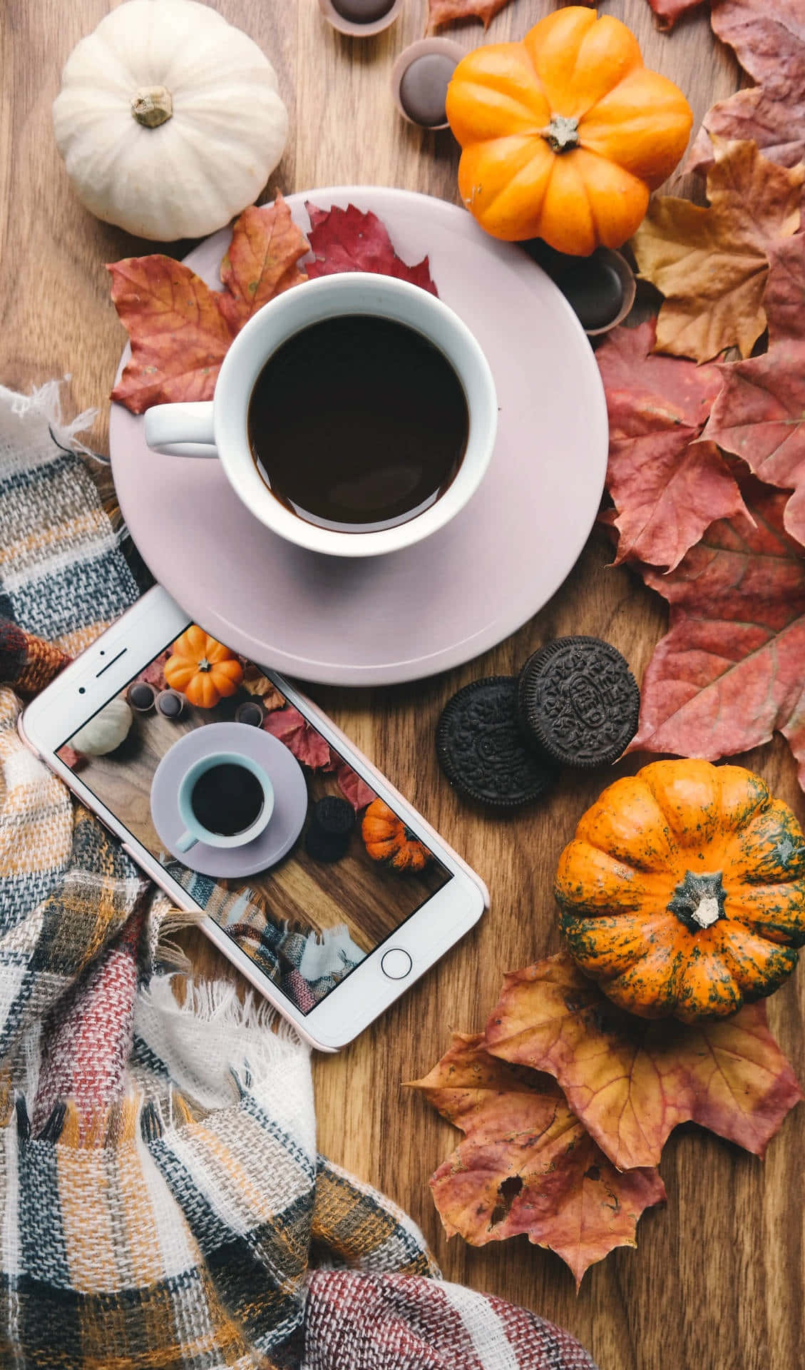 Autumn Coffeeand Smartphone Aesthetic Wallpaper