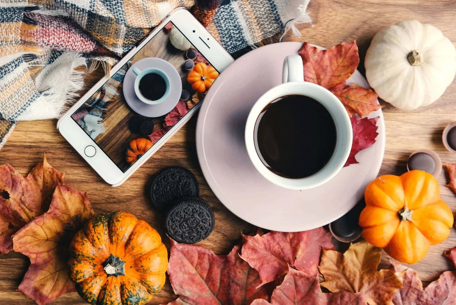 Autumn Coffeeand Smartphone Flatlay Wallpaper