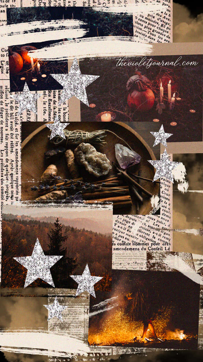 Autumn Stars And Newspaper Collage Wallpaper