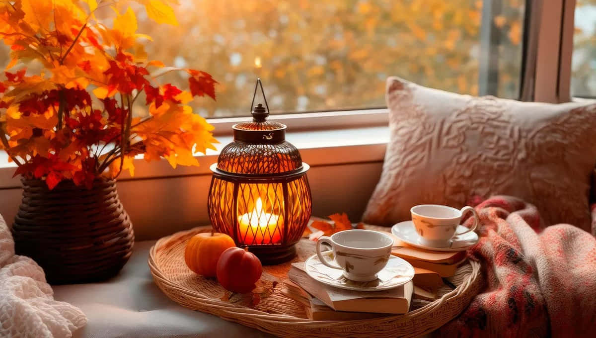 Autumn Coziness Window Scene Wallpaper