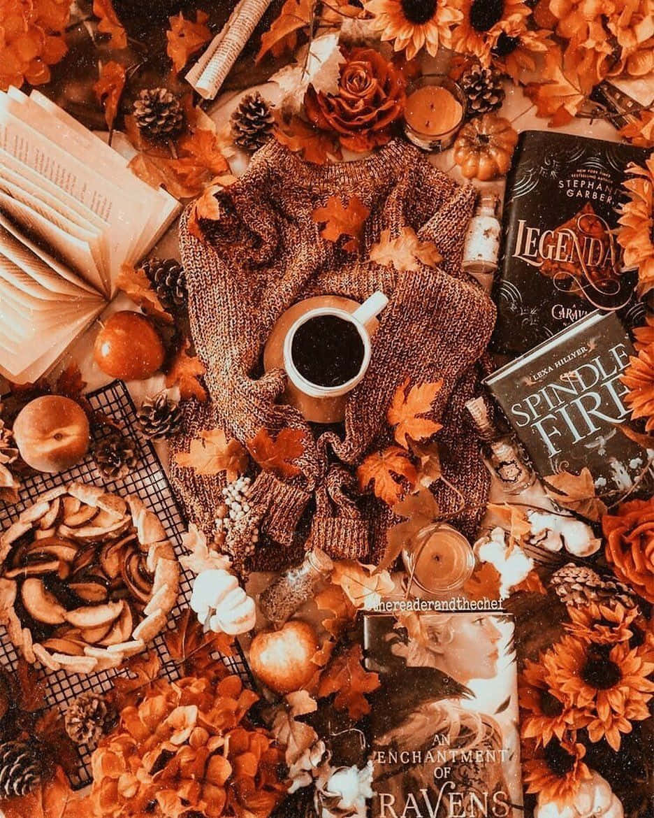 Autumn Coziness With Books And Coffee Wallpaper