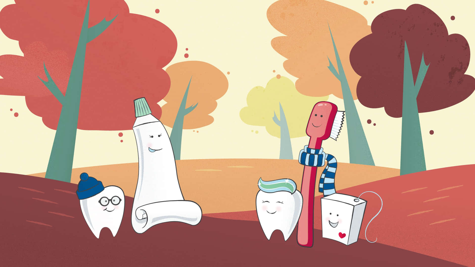 Autumn Dental Care Friends Illustration Wallpaper