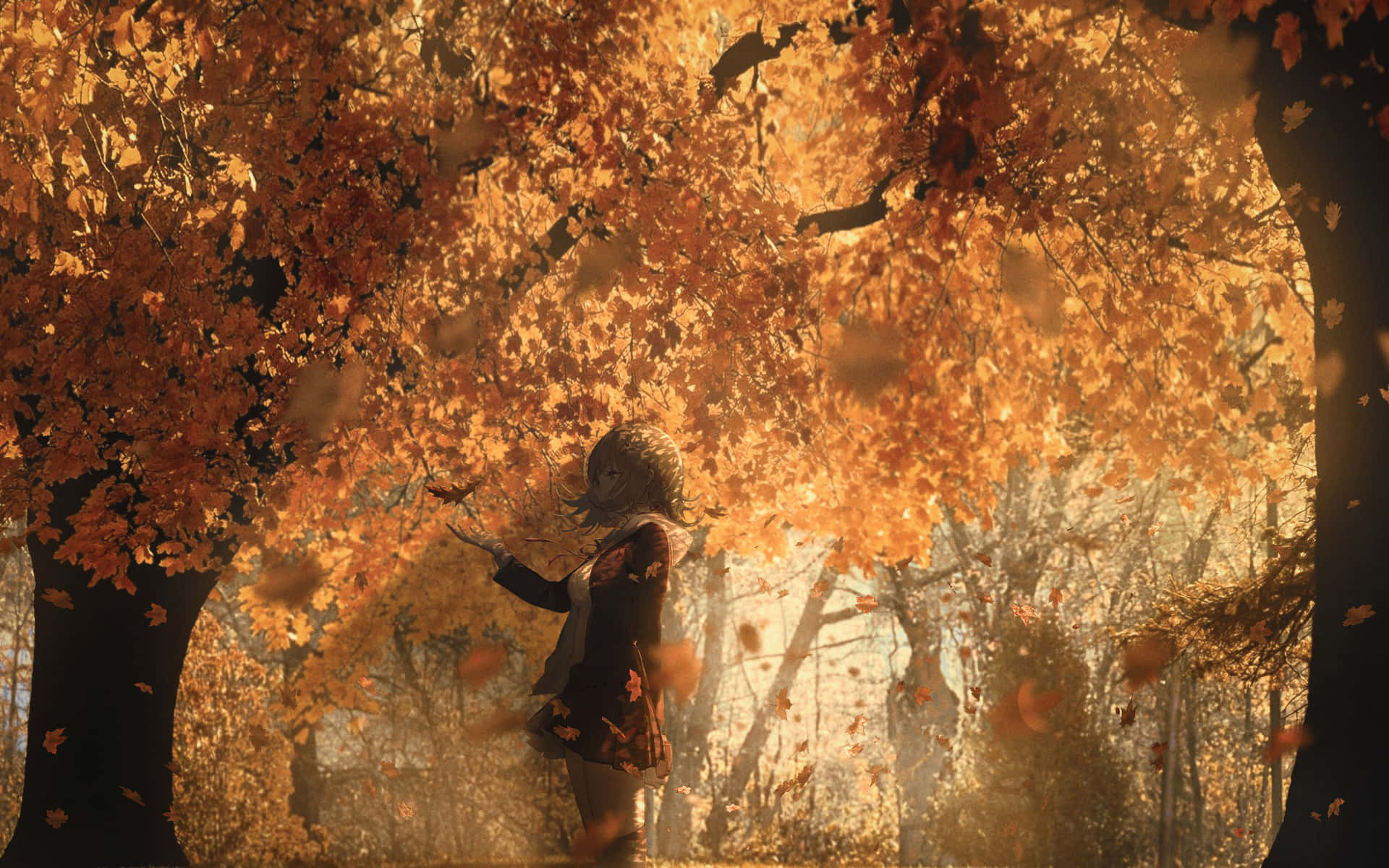 Autumn Dreams Girl Amongst Falling Leaves Wallpaper