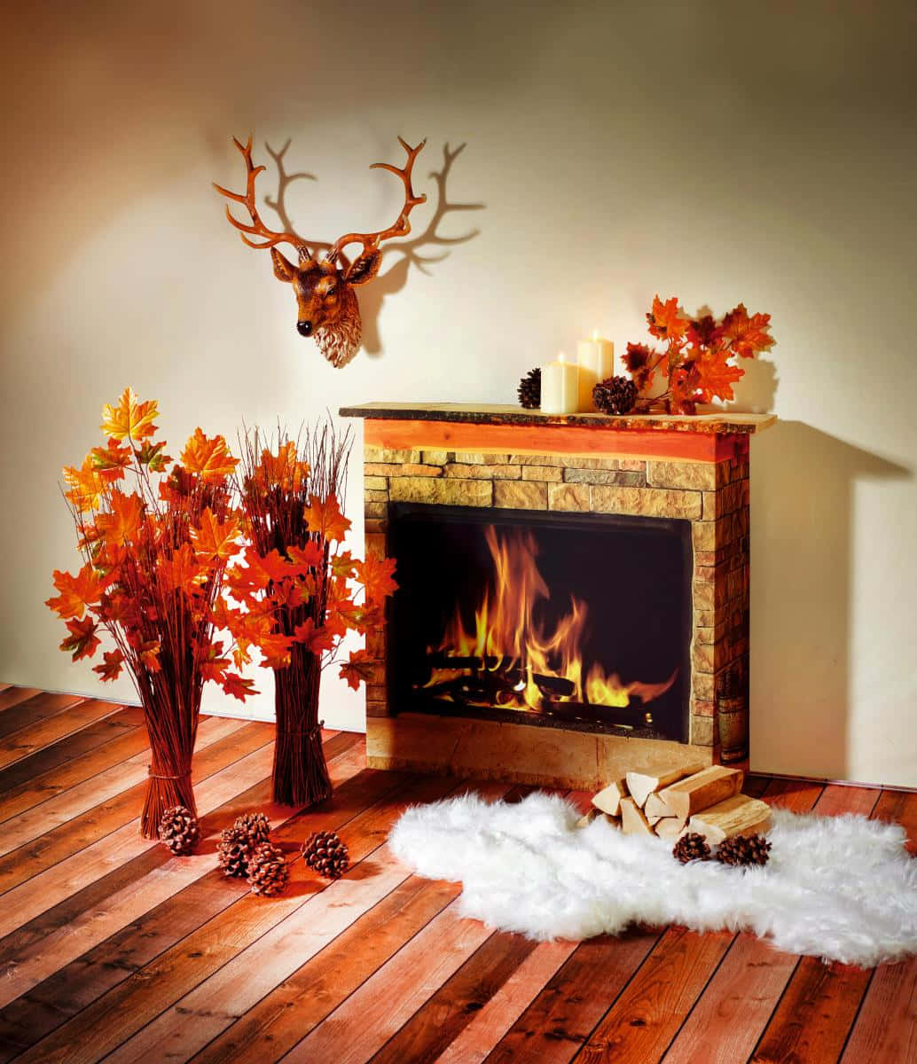 Cozy Autumn Fireplace Scene Wallpaper
