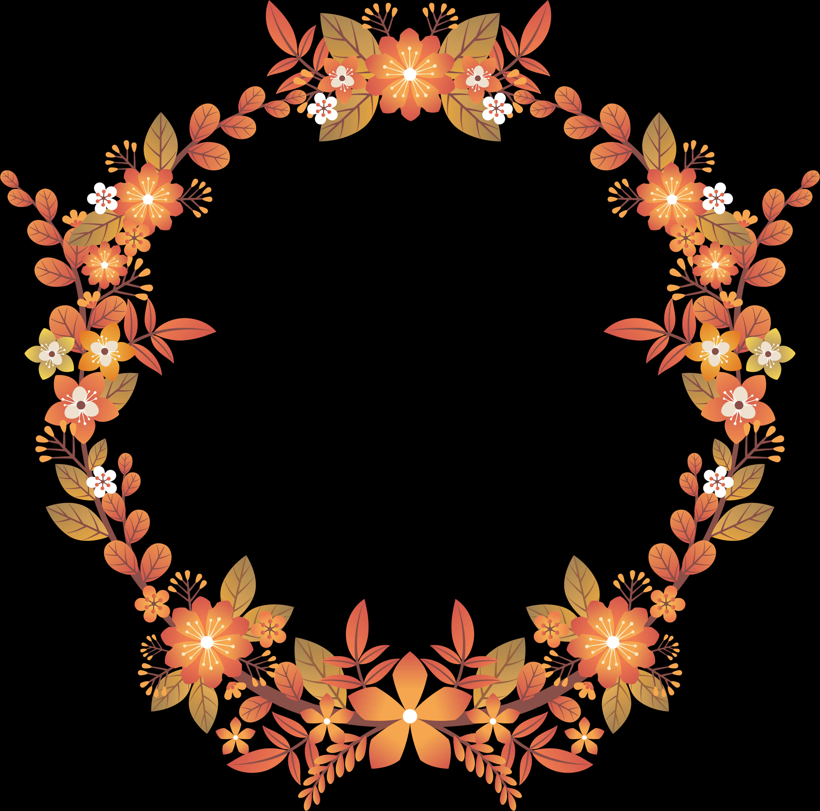 Autumn Floral Frame Black Background PNG