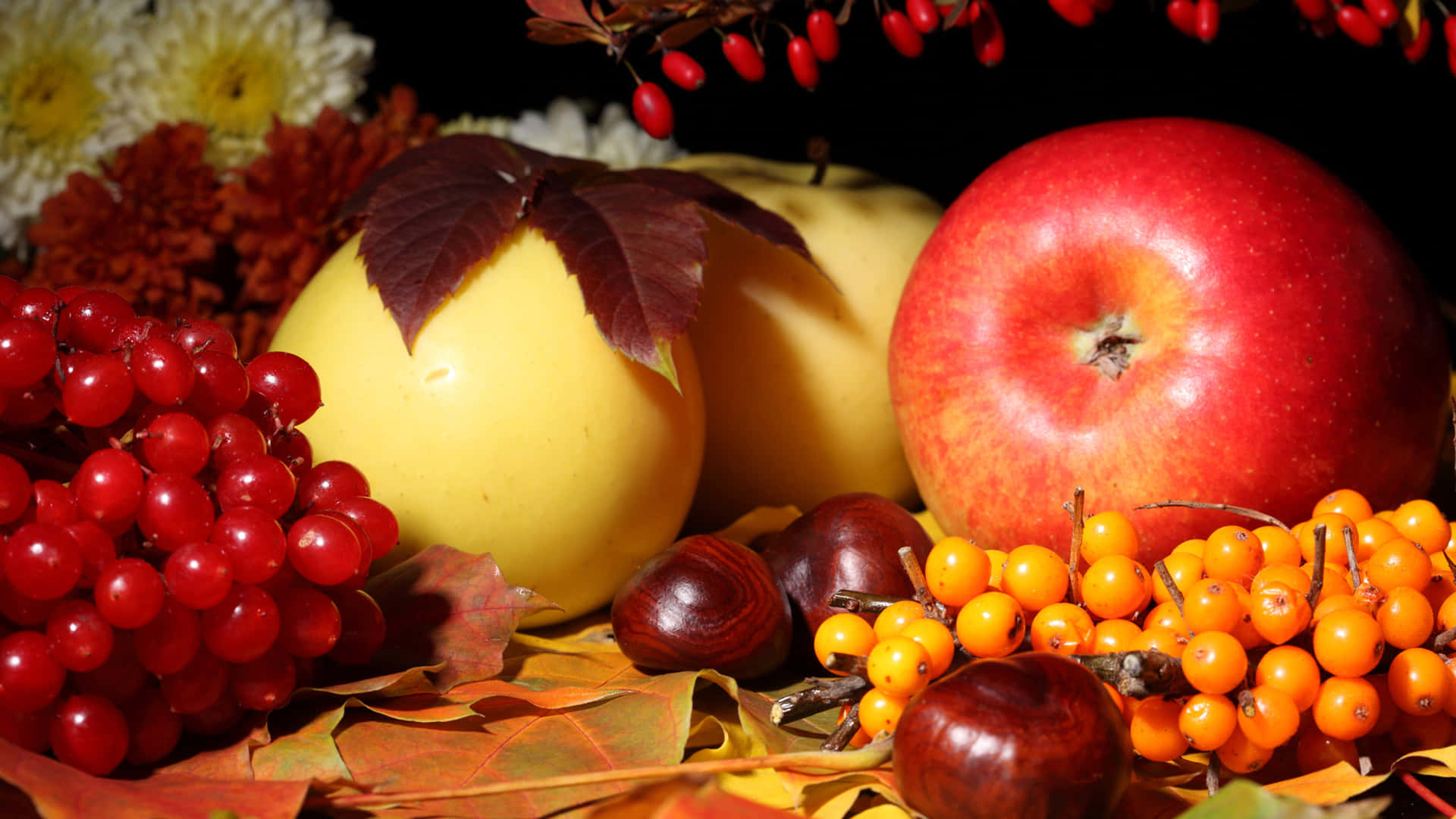 A festive autumn meal displayed on a rustic wooden table Wallpaper