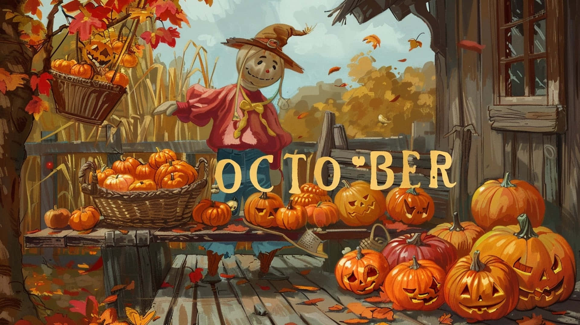Autumn Harvest Scarecrow October Wallpaper