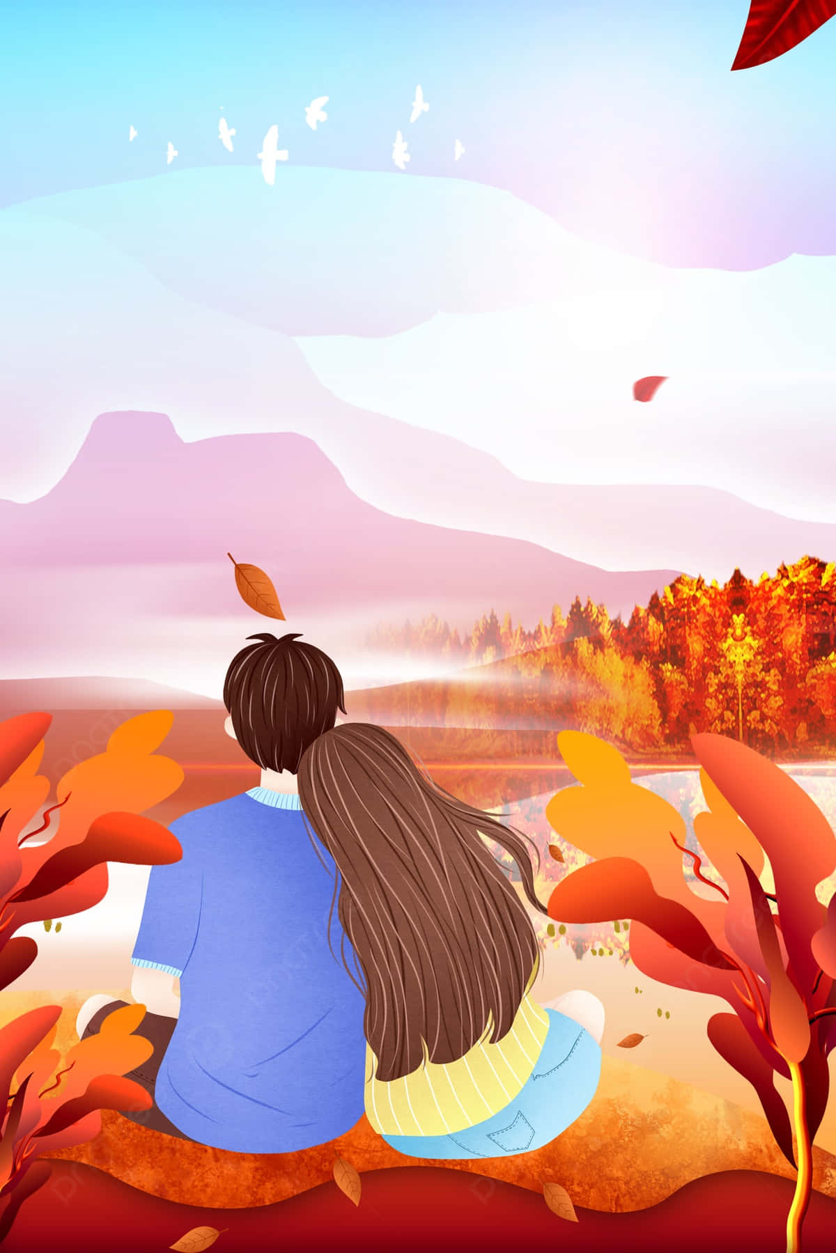 Autumn Lovers Overlooking Forest Lake Wallpaper