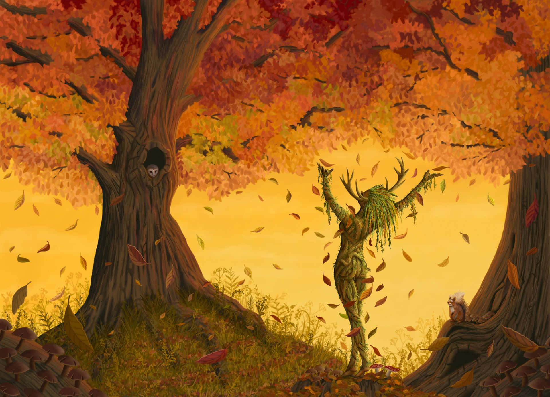 A Woman Is Standing In The Forest With Leaves Falling Around Her