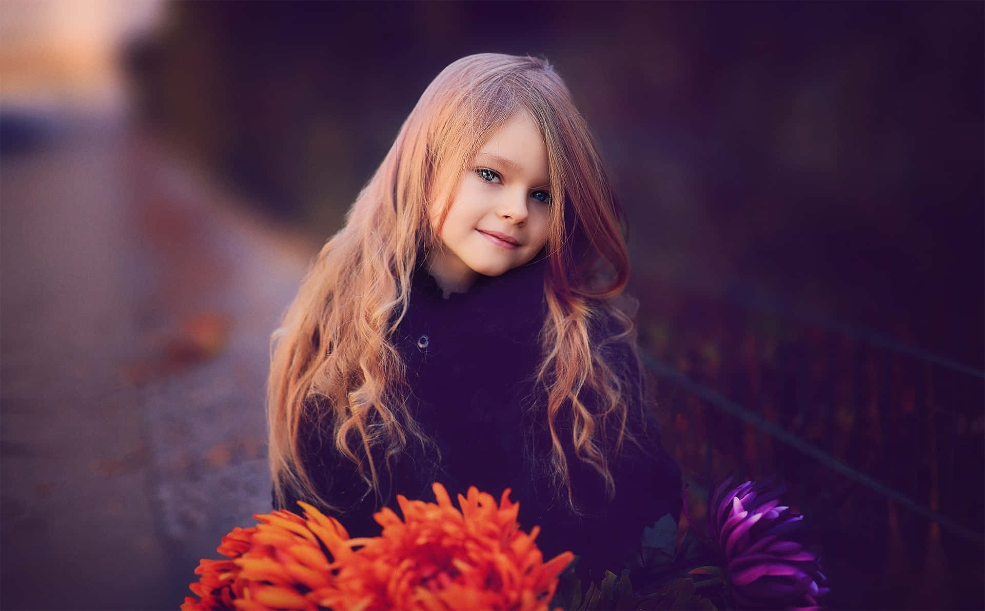 Autumn Portrait Little Girl With Flowers Wallpaper