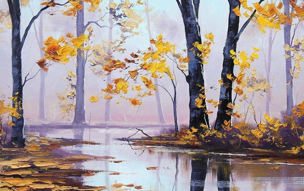 Herbstfluss-malerei Als Hintergrundbild Für Den Desktop. Wallpaper
