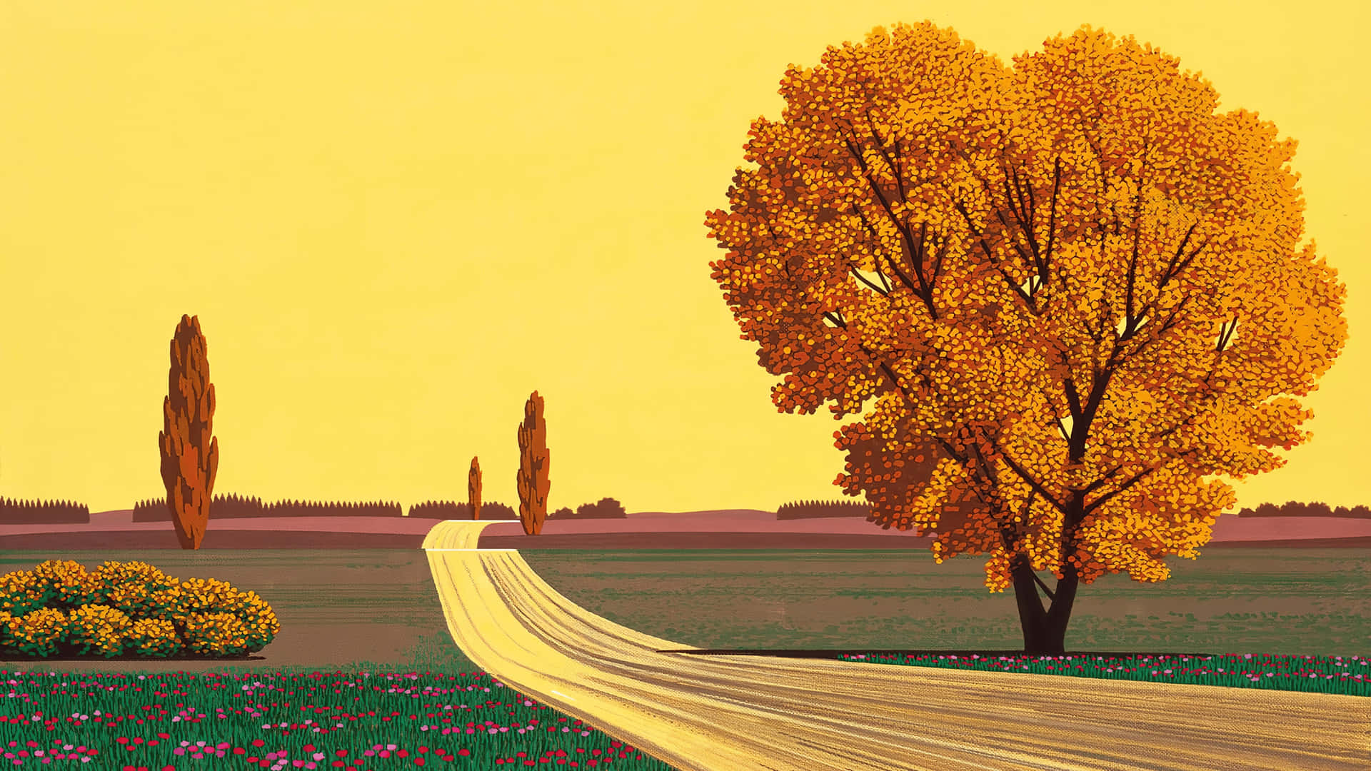 Herfst Weg Kunst Door Hiroshi Nagai Achtergrond