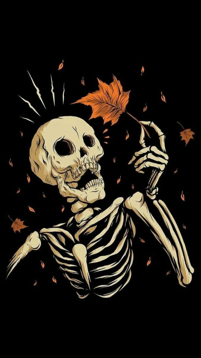 Autumn_ Skeleton_ Admiring_ Fallen_ Leaf Wallpaper