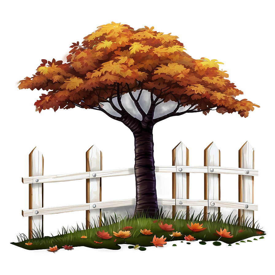 Autumn Tree With Fence Png Wpa PNG