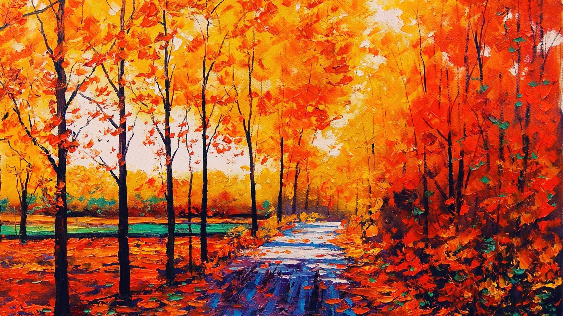 Autumn Trees Painting Desktop Wallpaper