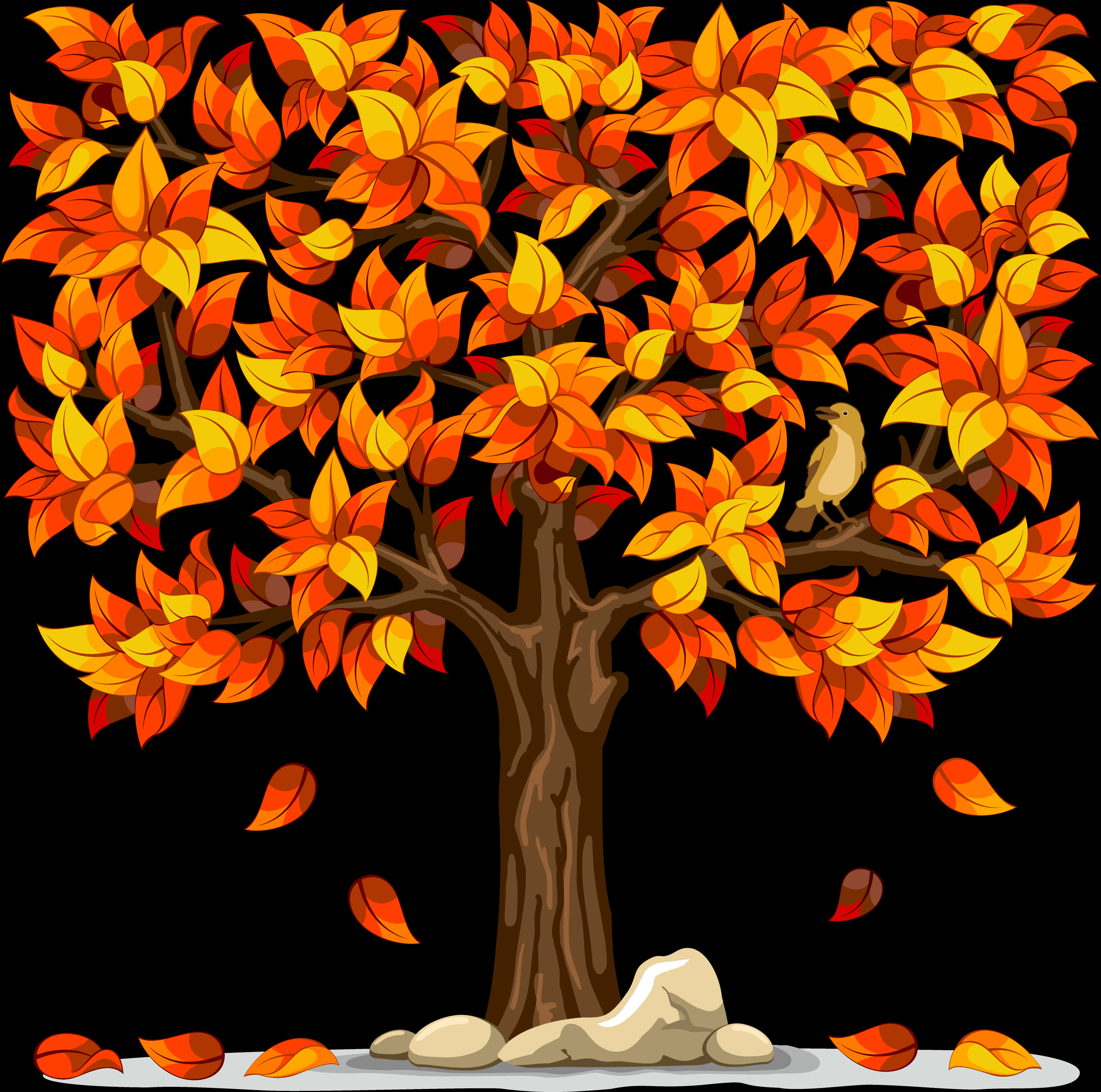 Autumn Treewith Falling Leavesand Bird PNG