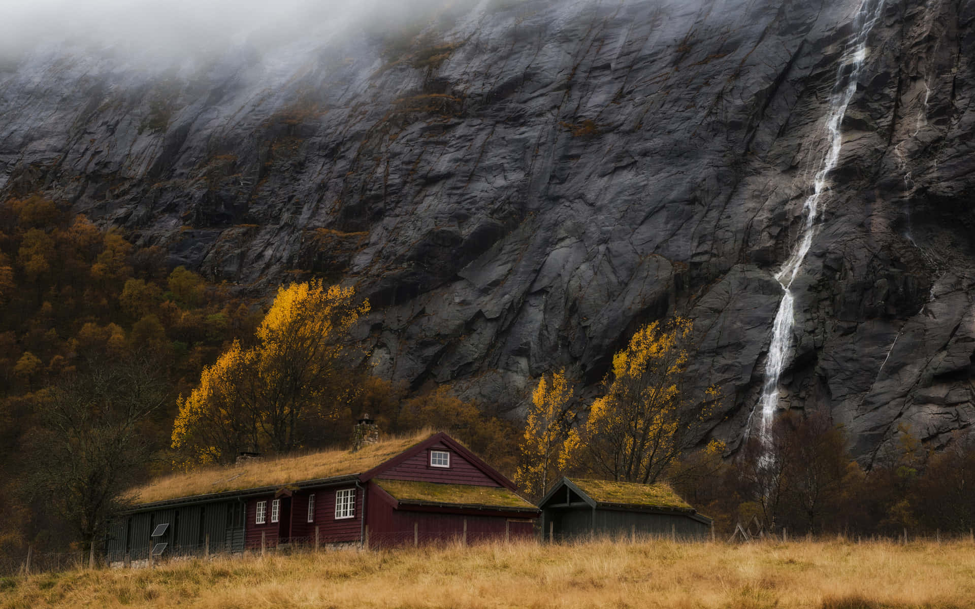 Autumn Waterfall Norwegian Cabin Wallpaper