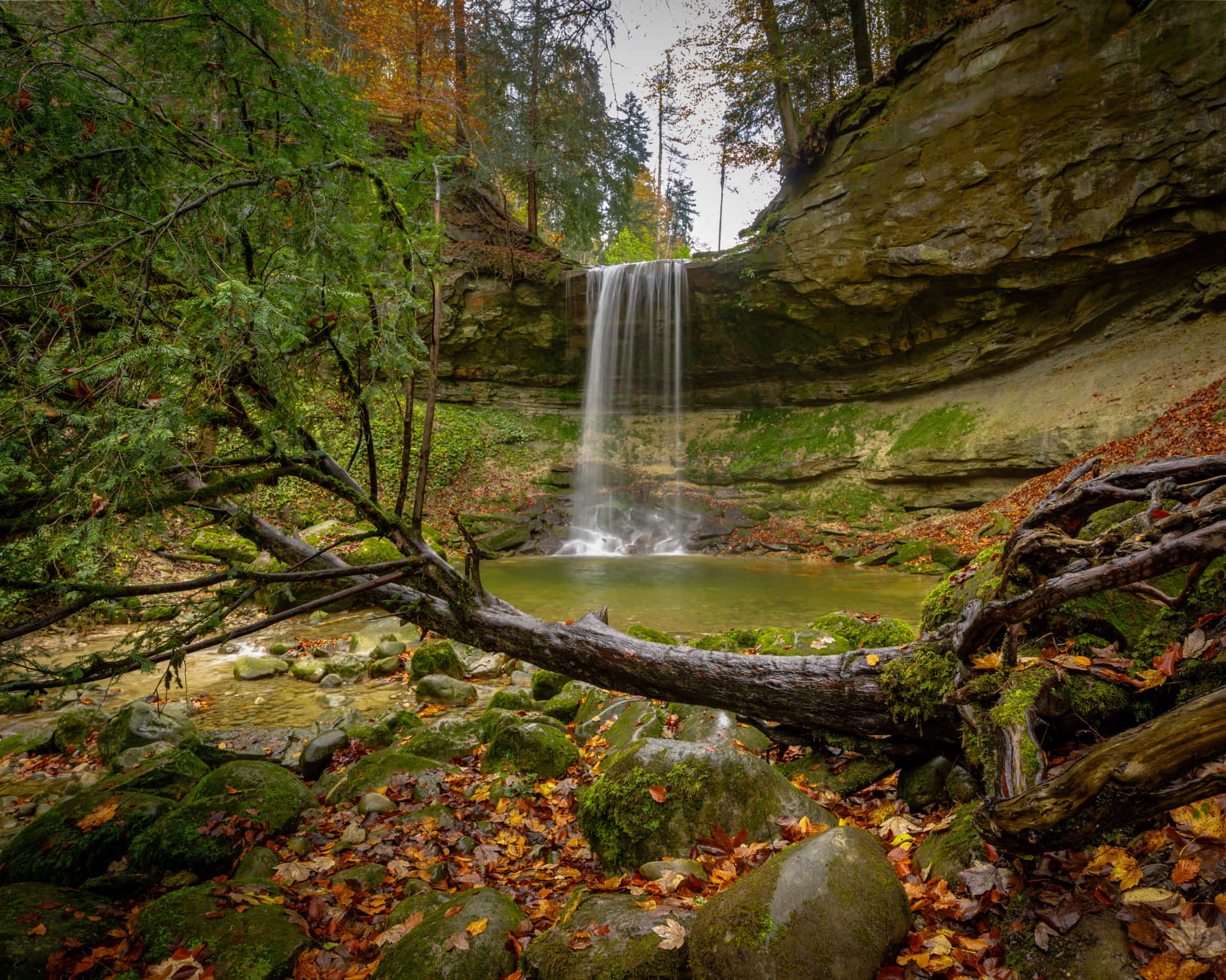 Autumn Waterfall Serenity Horgen Wallpaper