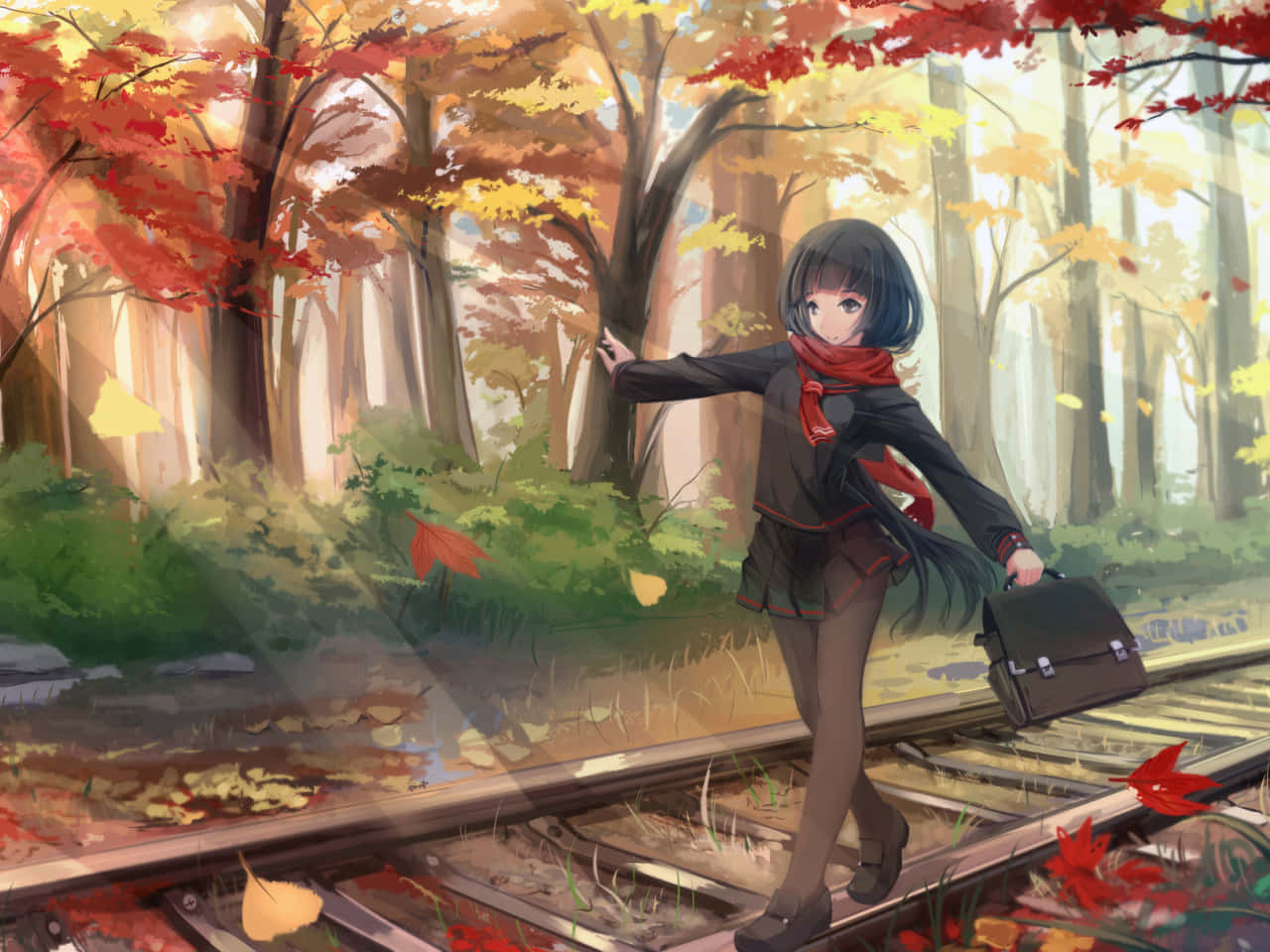Autumnal_ Anime_ Girl_on_ Railroad_ Tracks Wallpaper