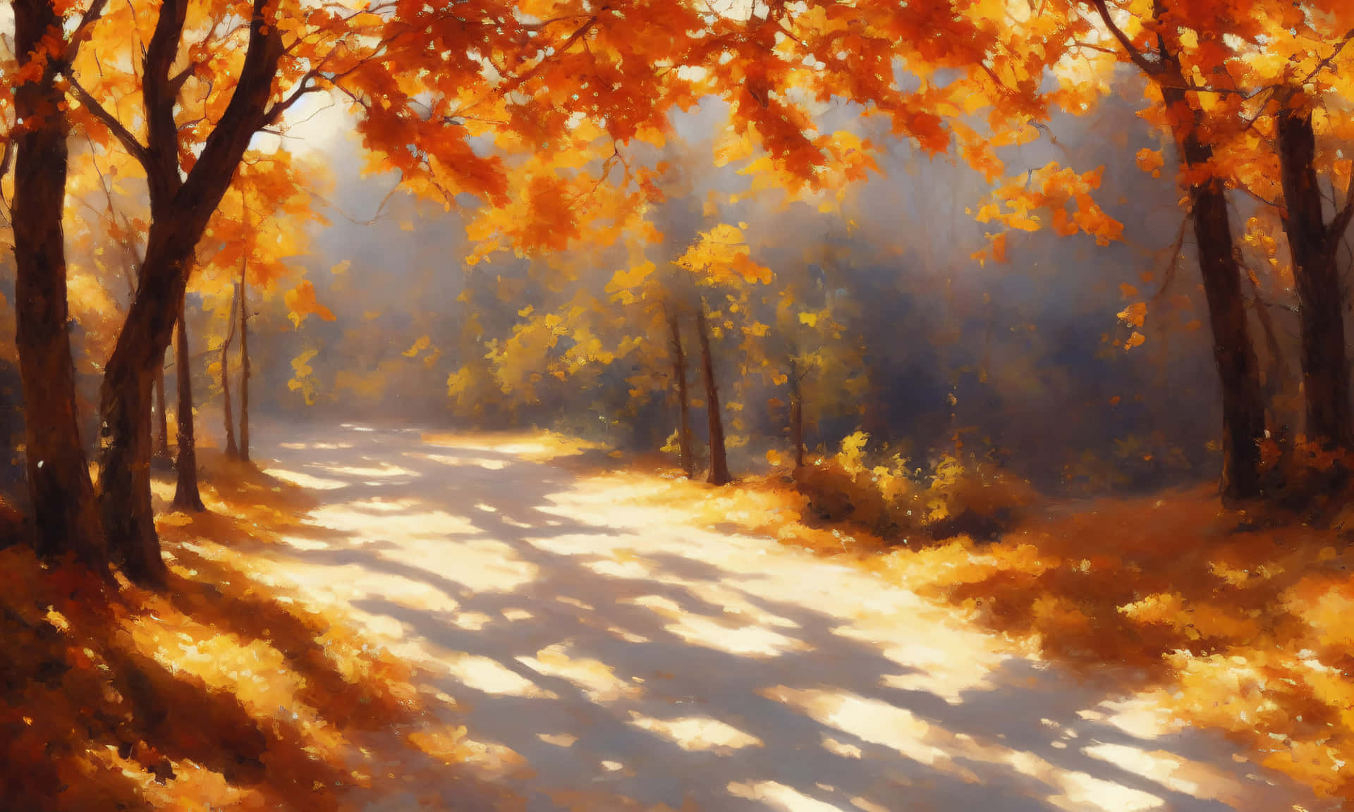 Autumnal Forest Path Sunlight Wallpaper