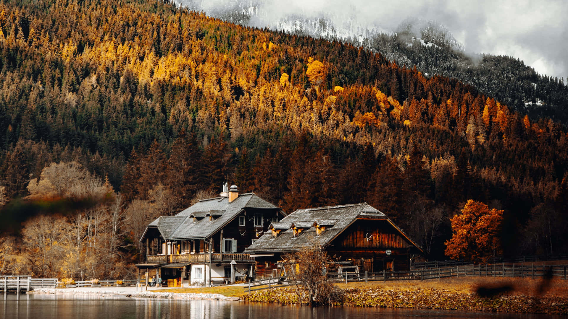 Autumnal Lakeside Cottage Wallpaper