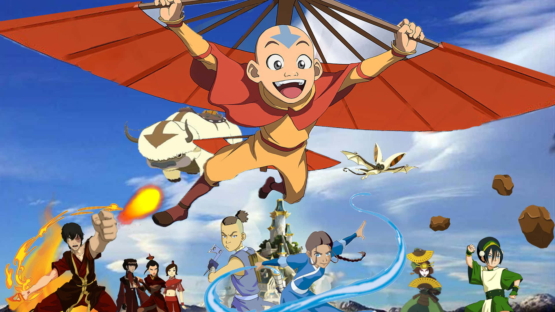 Avatar Aang Ja Ystävät Esittelevät Elementtejä Taustakuva