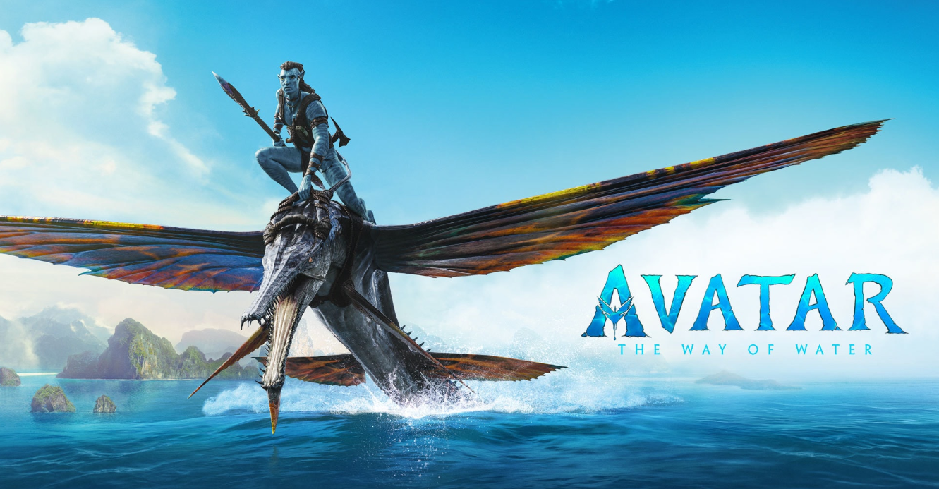 Jake Sully Soaring Through Pandora Background — A Na'vi warrior rides a colorful flying creature over turquoise ocean waves beneath a bright blue sky.