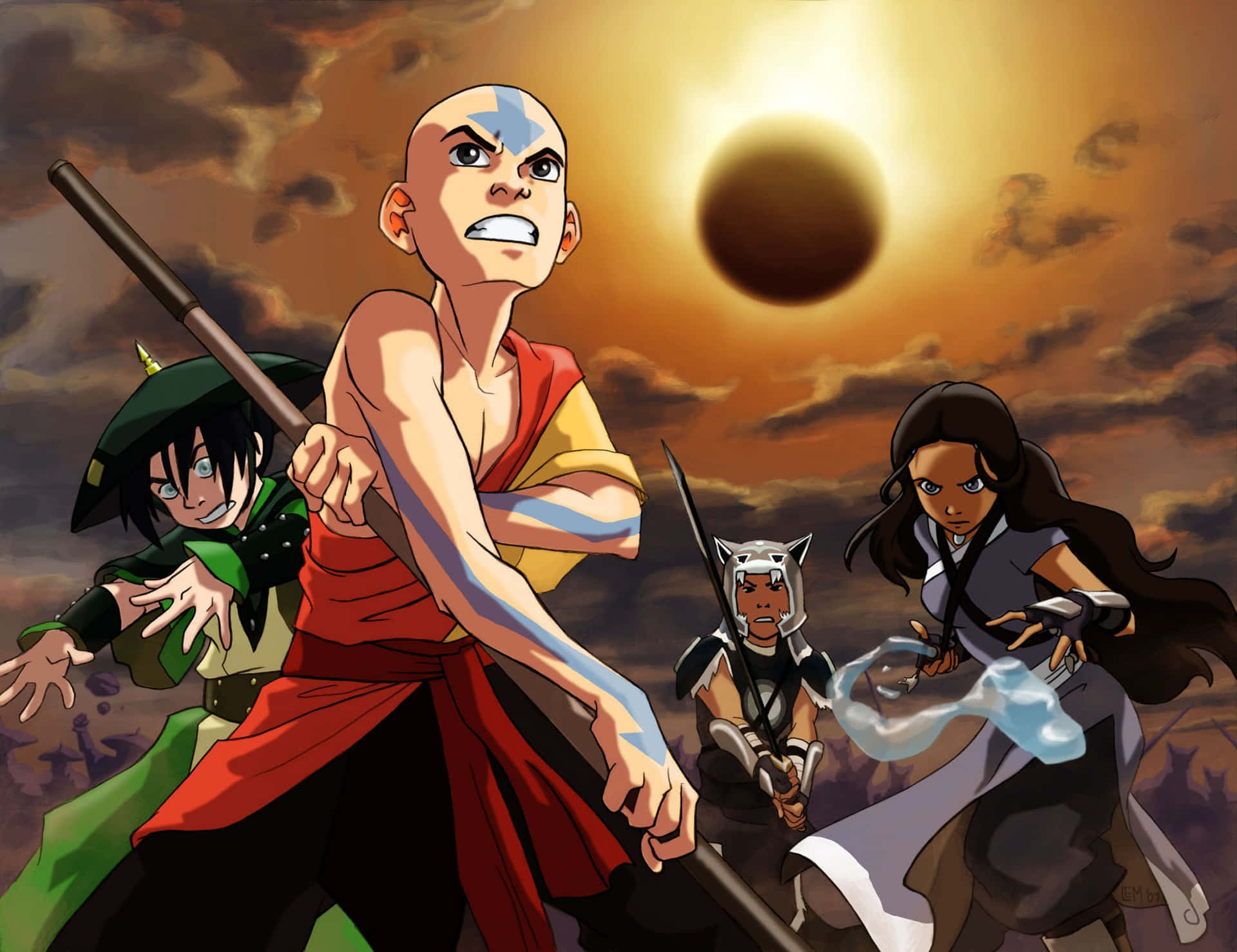 Avatar Aang with the Lights of Fire Nation