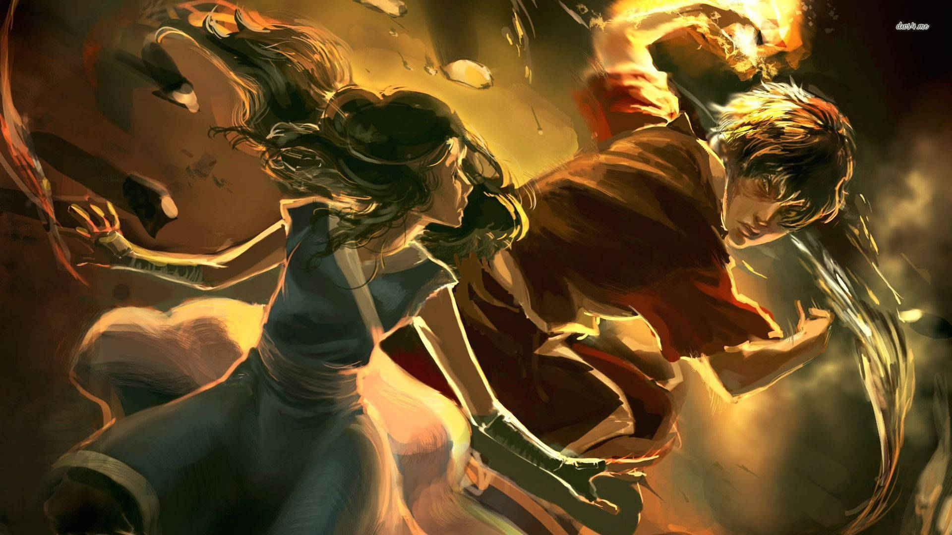 Firebender Zuko and Waterbender Katara face off in an epic battle of Avatar The Last Airbender Wallpaper