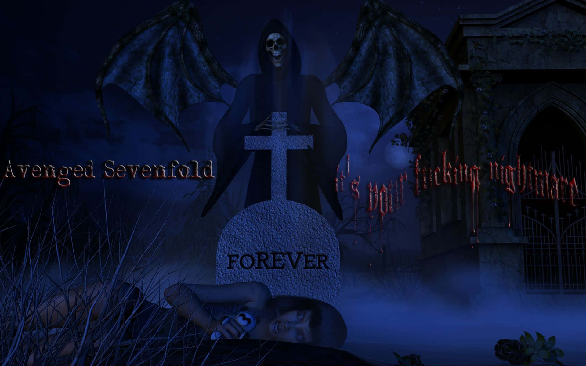 A Graveyard With A Demon And A Gravestone Wallpaper
