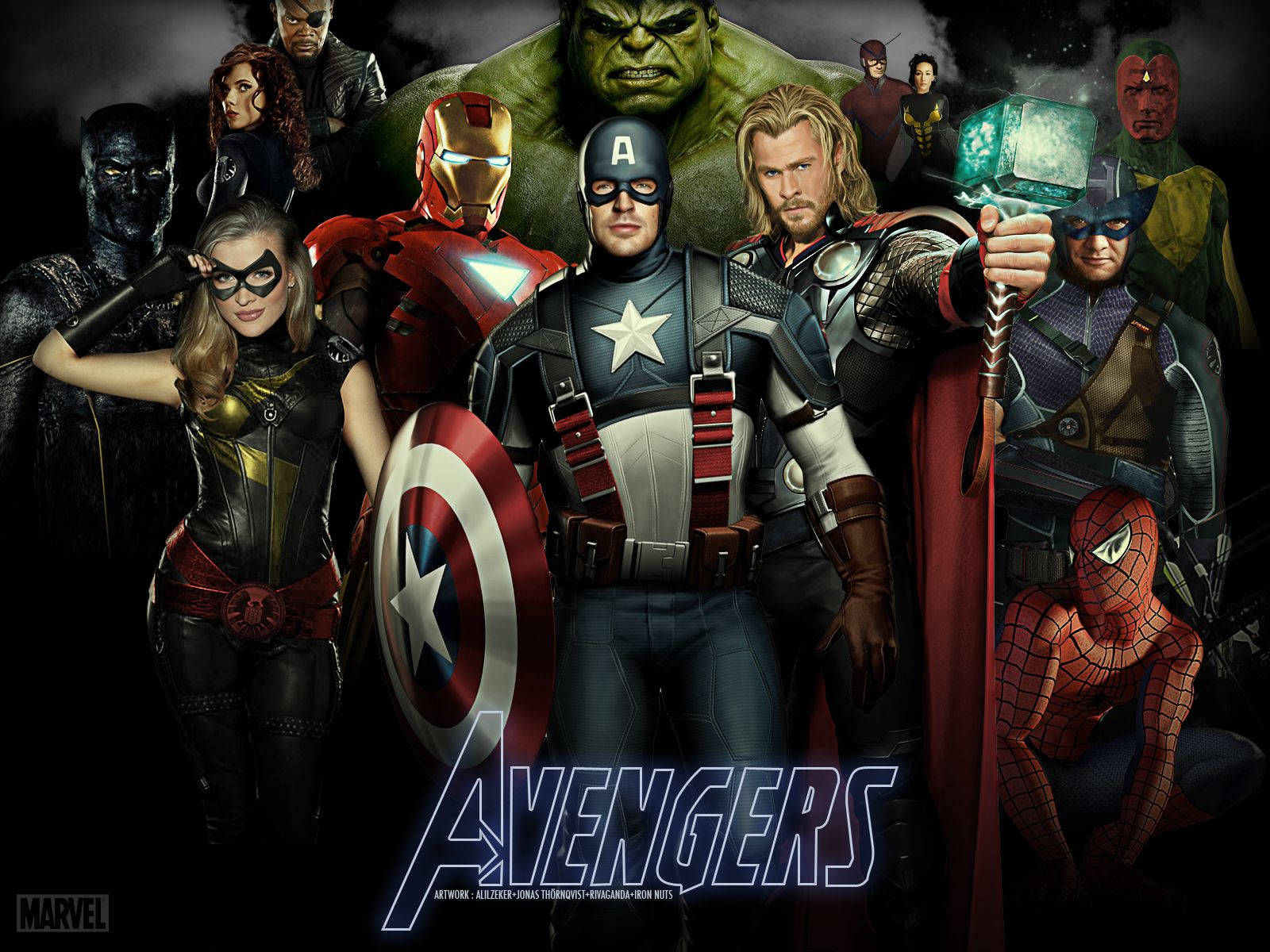 Avengers superhero characters in one, Hulk, Cat Woman, Captain America, Iron Man and others.