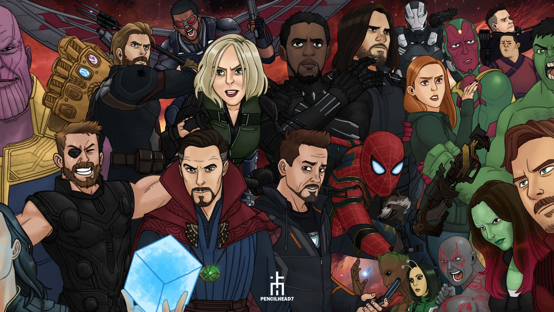 Avengers baggrundskitse: Et billede af fire berømte karakterer fra Marvel Comics.