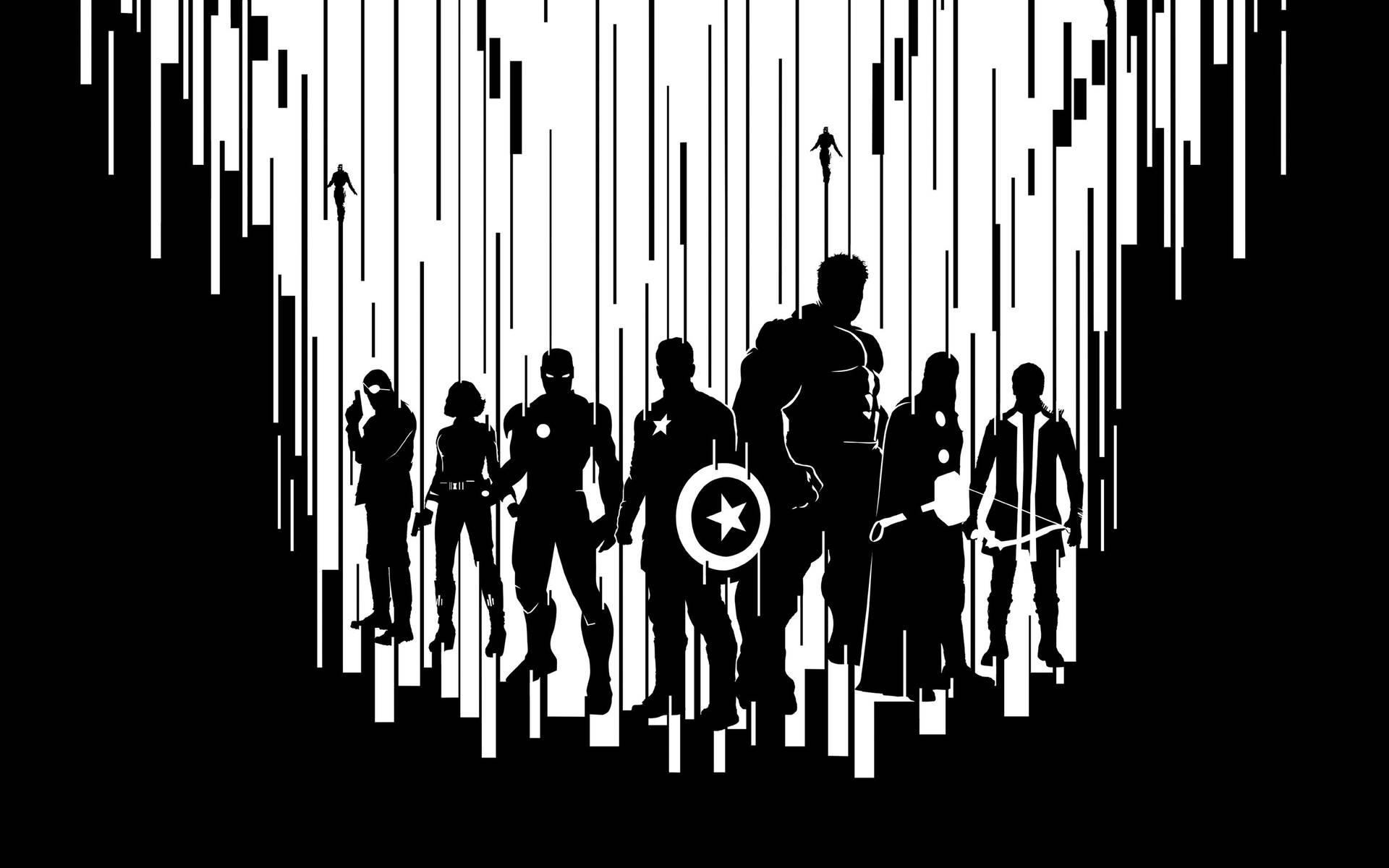 Avengers Marvel superhero characters in black and white.