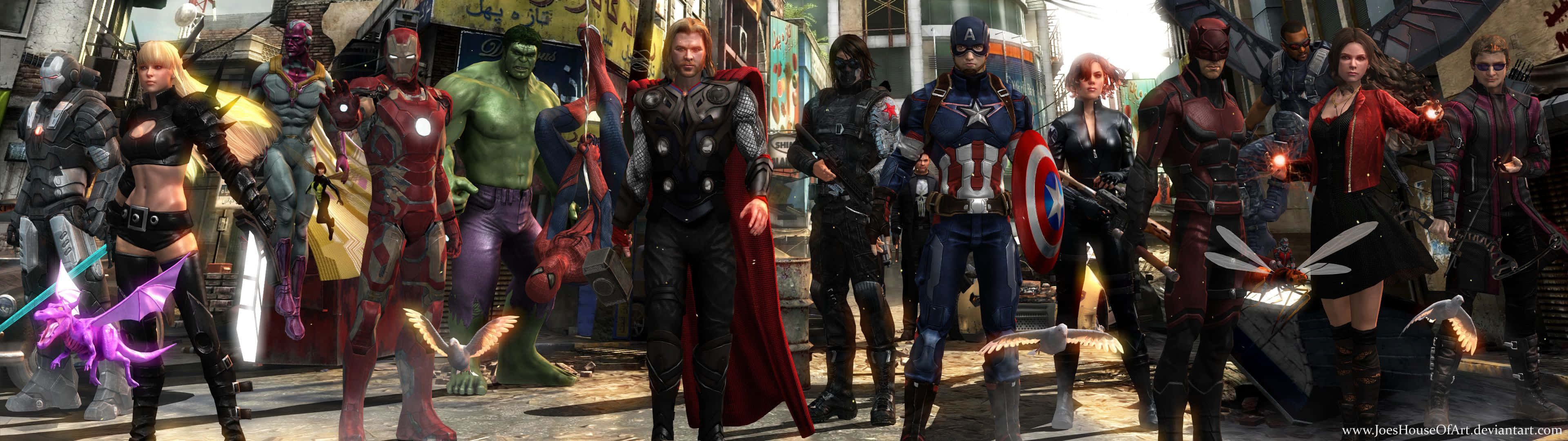 Se den utrolige dual-skærm med de bedste helte fra Marvel Cinematic Universe: The Avengers! Wallpaper