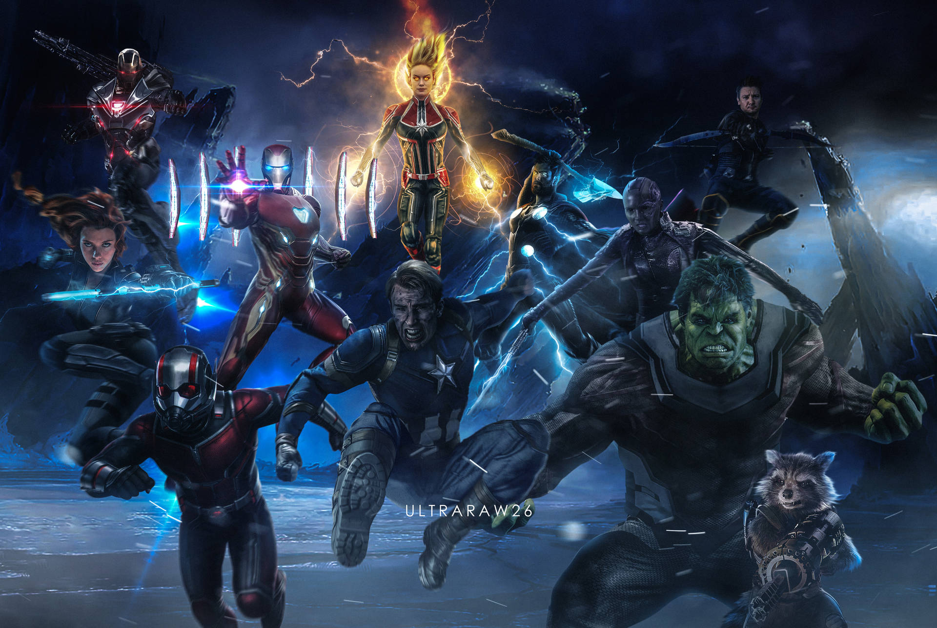 The Avengers assemble on the battlefield in an epic battle to save the universe. Wallpaper
