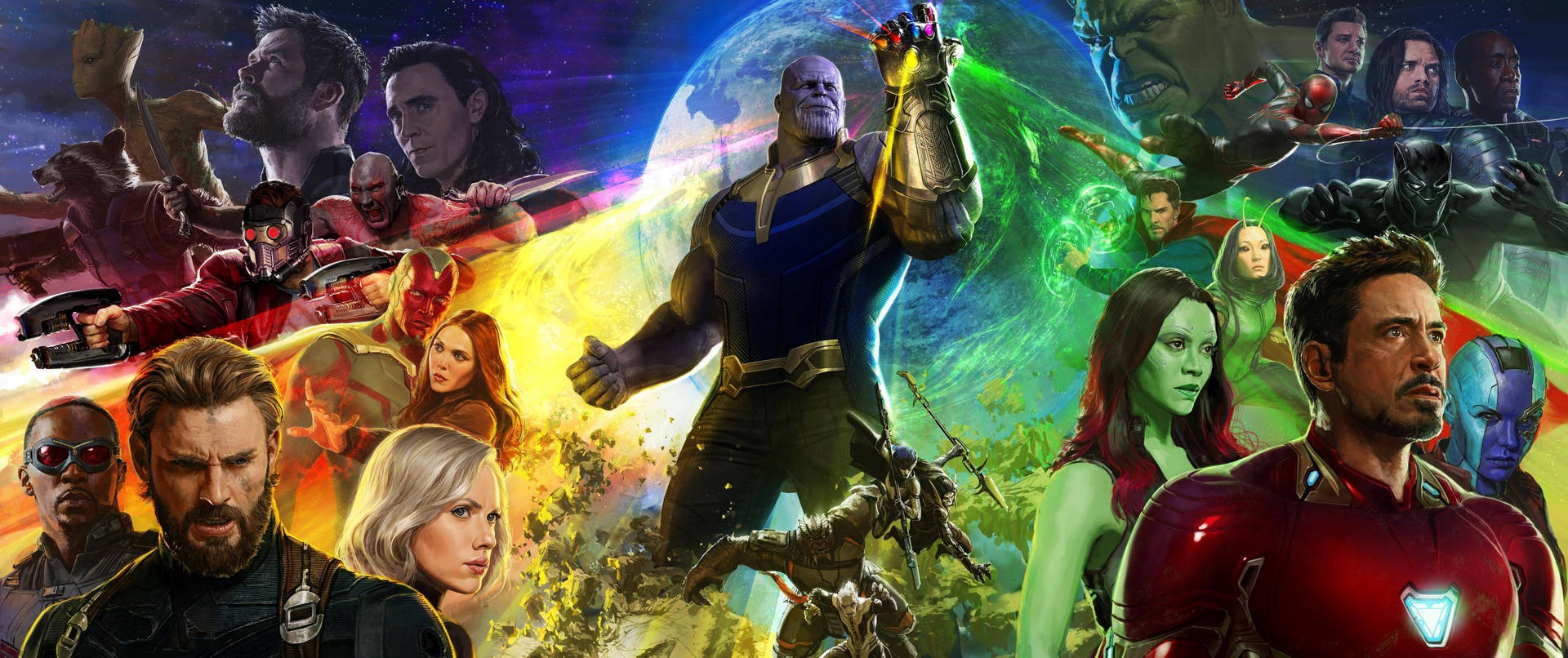 Avengers Superheroes in a one background with their enemy in center.