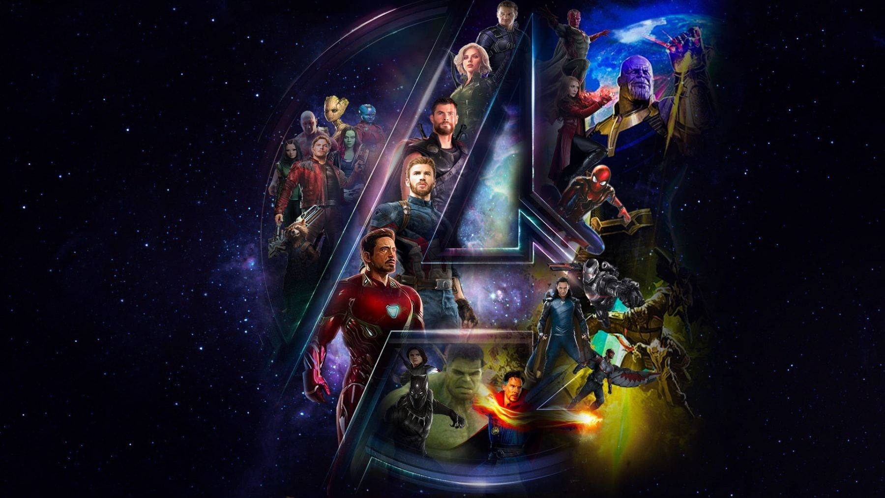 Avengers superhero characters in one starry background.
