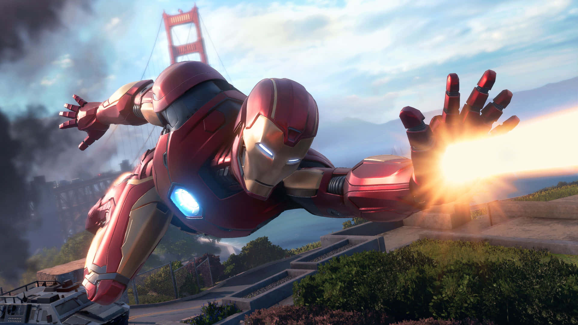 Tony Stark's alter-ego Iron Man flyver højt, klar til at tage enhver udfordring for hånden. Wallpaper