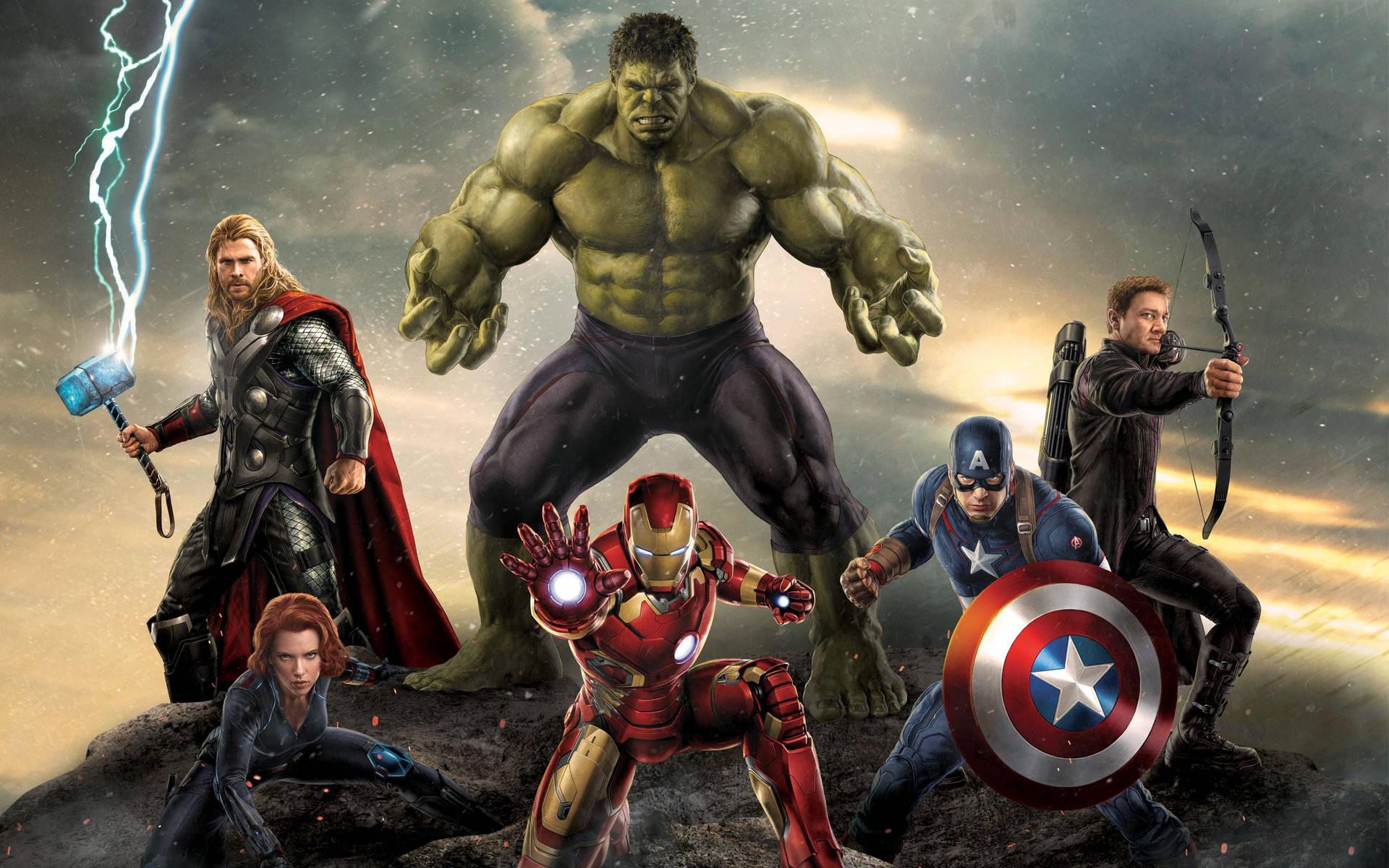 Avengers Superhero characters on battlefield with Hulk, Iron Man, Thor and Captain America.