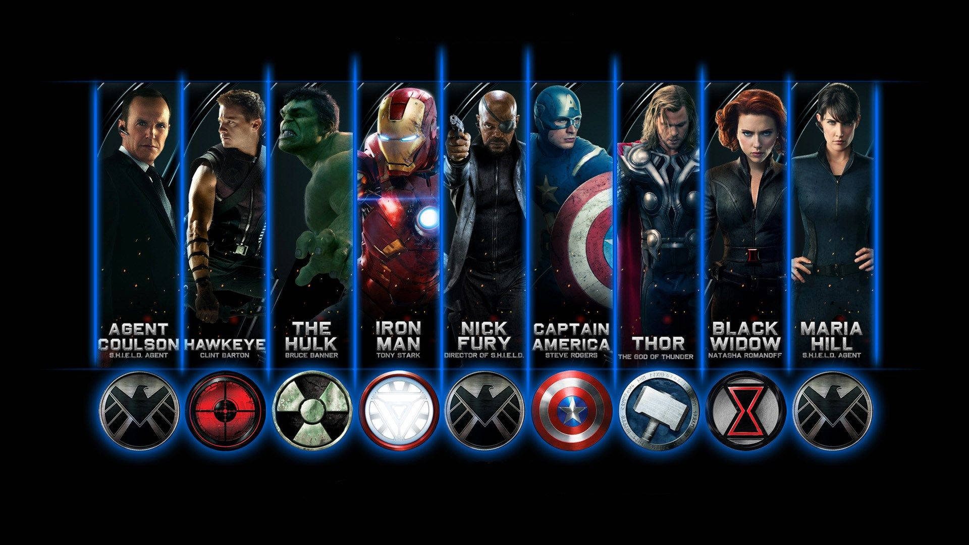 Avengers superheroes showing their superpowers below each character.