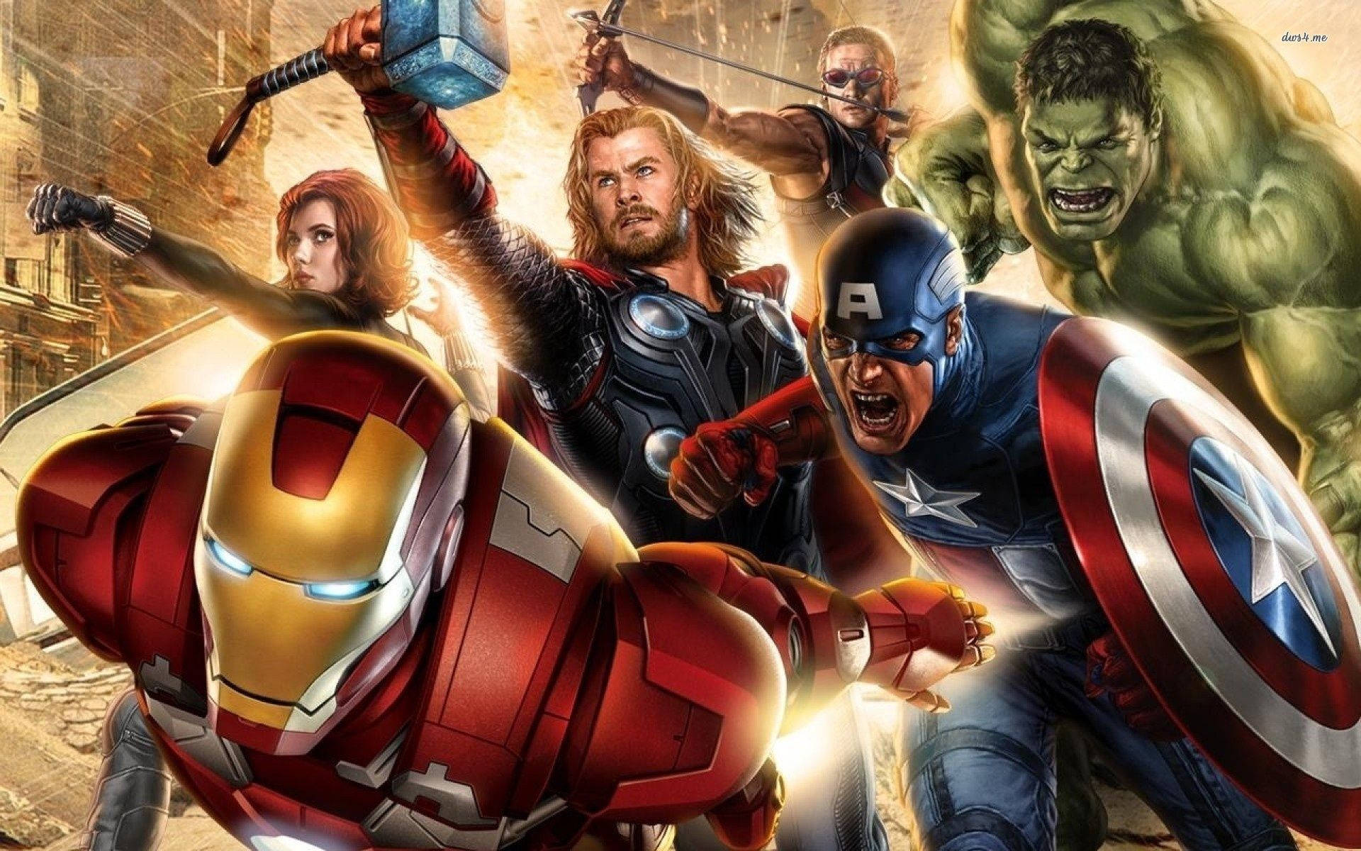Avengers superheroes ready to fight, Hulk, Captain America, Thor, Black Widow and Iron Man.