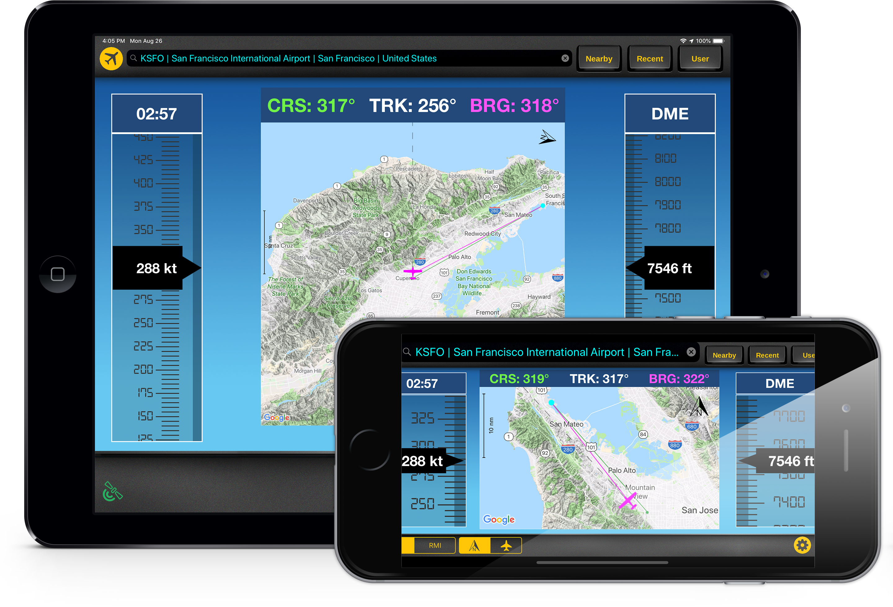 Aviation Navigation Apps Display PNG — A tablet and smartphone display identical aviation navigation apps showing a flight map over San Francisco with real-time flight data.